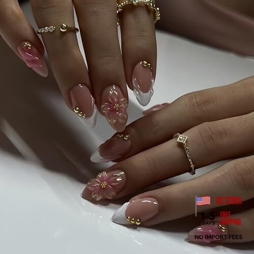24 Pcs Flower Press on Nails Short Almond Reusable Fake Floral French Style