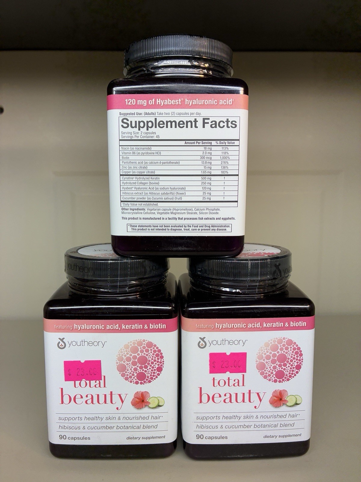 Youtheory Total Beauty Hyaluronic Acid Keratin & Biotin Capsules 270 Total 03/25