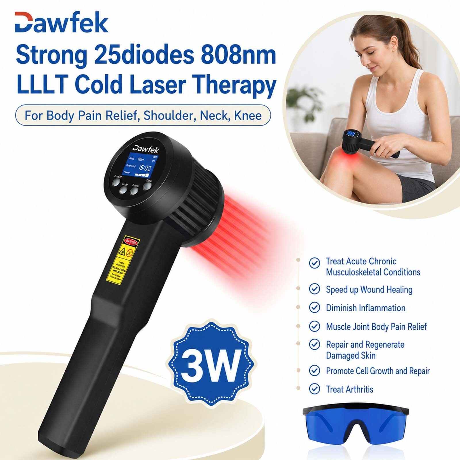 3000mW Cold Laser Equipment 650nm 808nm for Neck Stiffness Arm Knee Muscle Pain