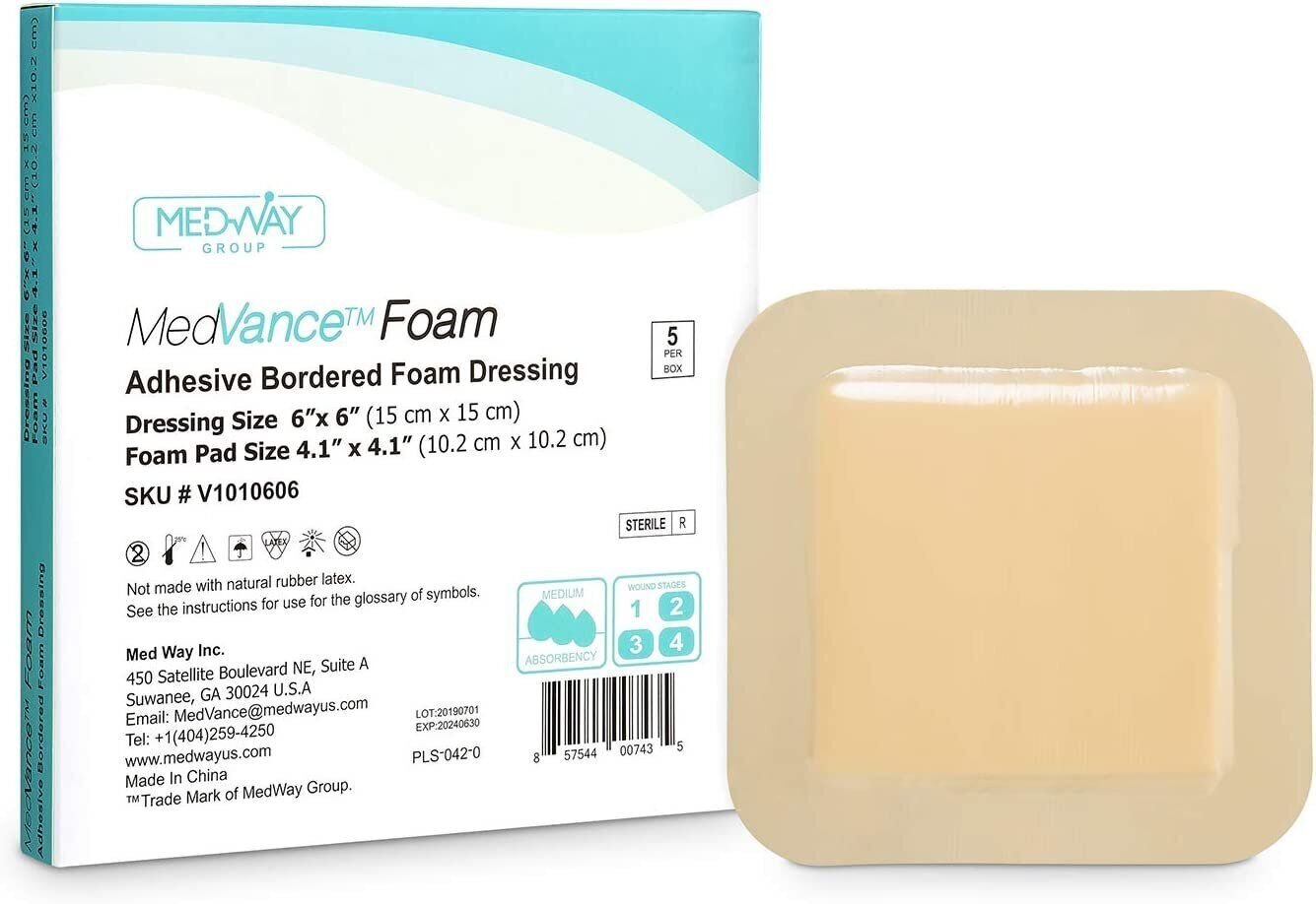 MedVance Foam Bordered Adhesive Wound Dressing, 6″x6″, Box of 5