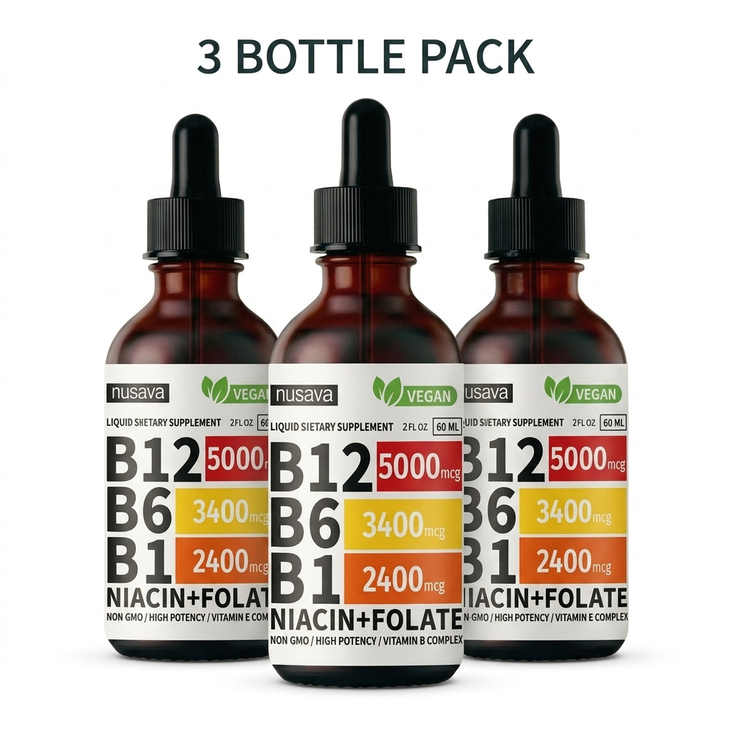 Liquid Vitamin B Complex B12 B6 B1 Folate Drops 3-Pack Daily Wellness Support