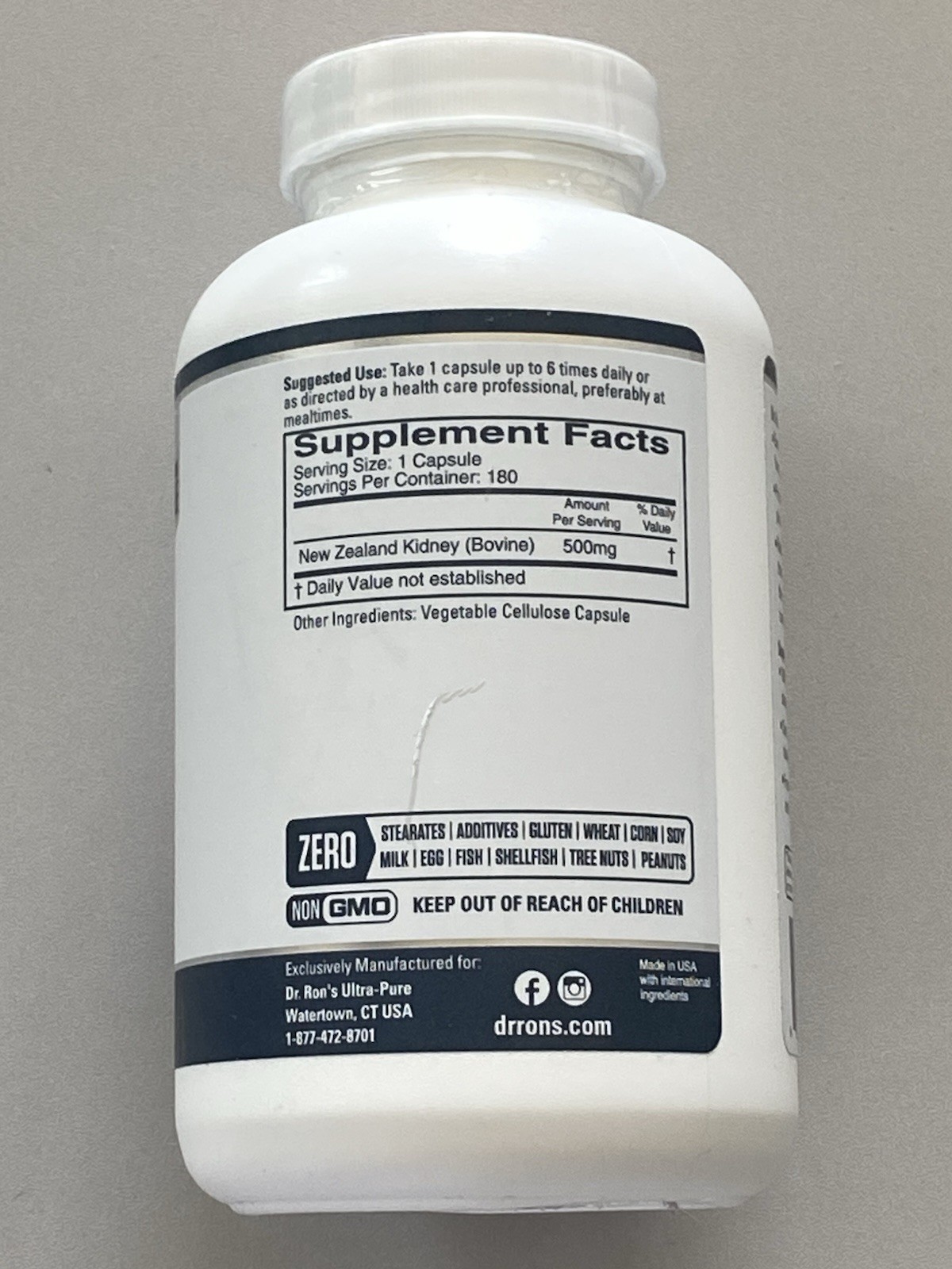 Dr. Ron’s Ultra-Pure Kidney Support 500mg 180 Capsules Non-GMO GF Exp 05/2028