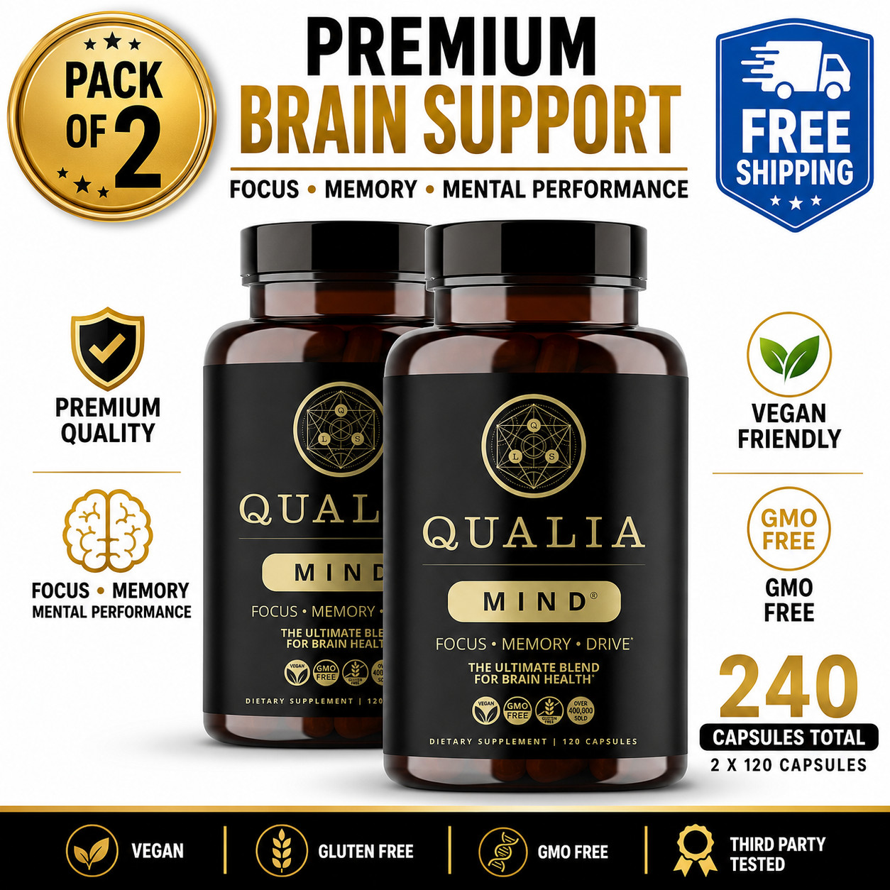 (2 Pack) Qualia Mind Brain 2.0 Supplement Nootropics – 120 Capsules – New